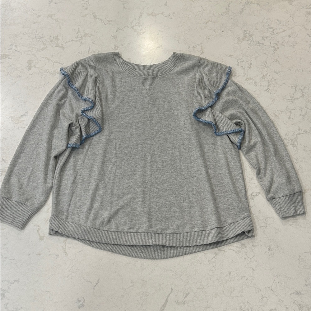 Democracy Brushed Sweater Knit Ruffled Top Light Heather‎ Gray Blue Ruffle Trim - Picture 5 of 15
